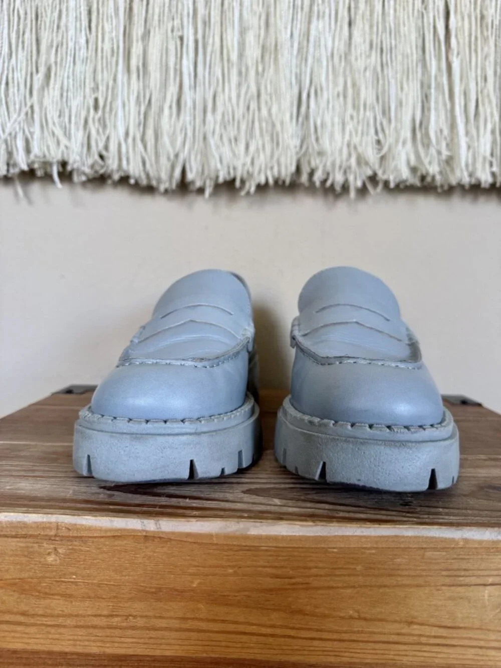 Free People Lyra Dusty Blue Genuine Leather Platform Lug Sole Loafer Size 8/38.5